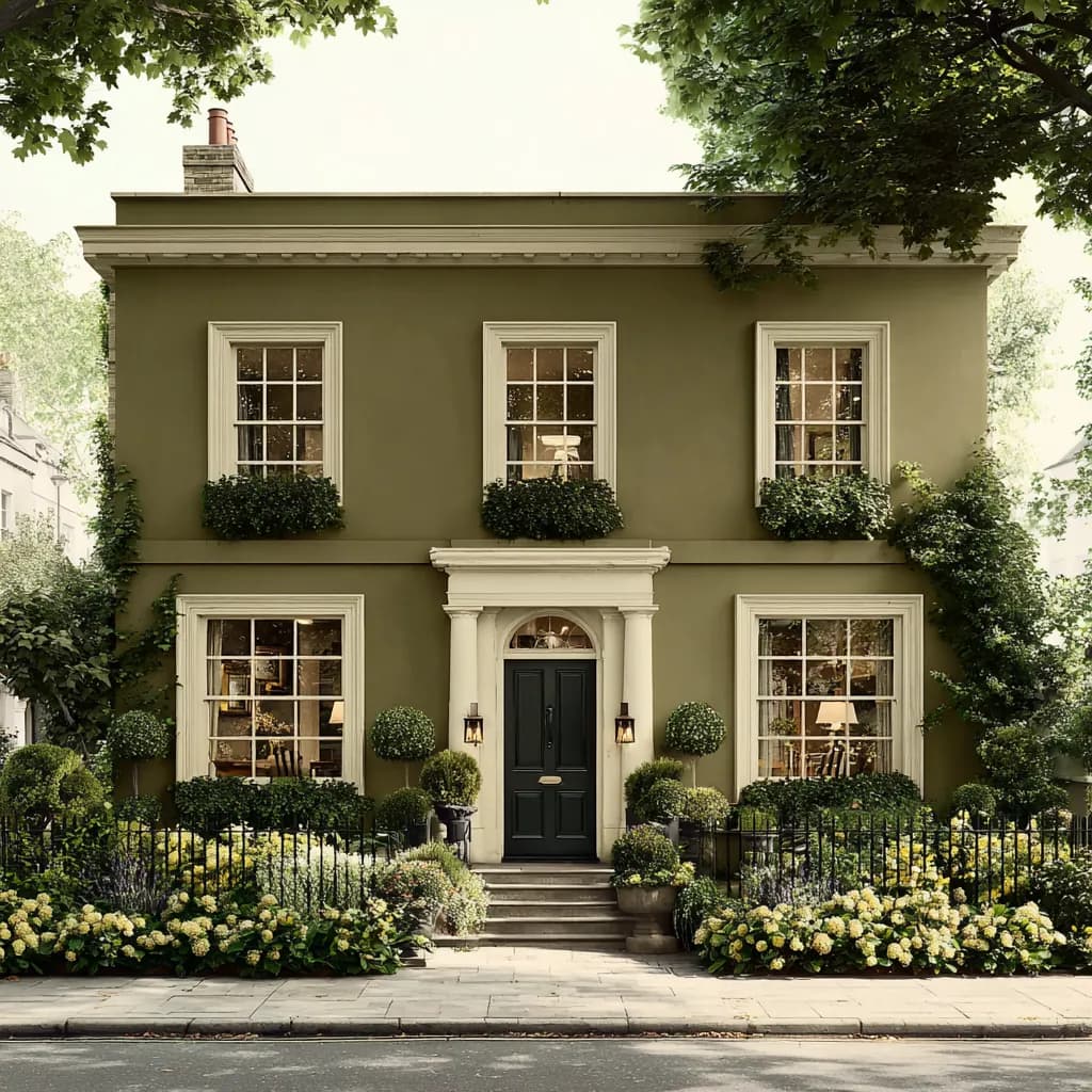A refined sage-green Georgian London townhouse with a classical portico entrance, urn planters and a hedge-lined front garden