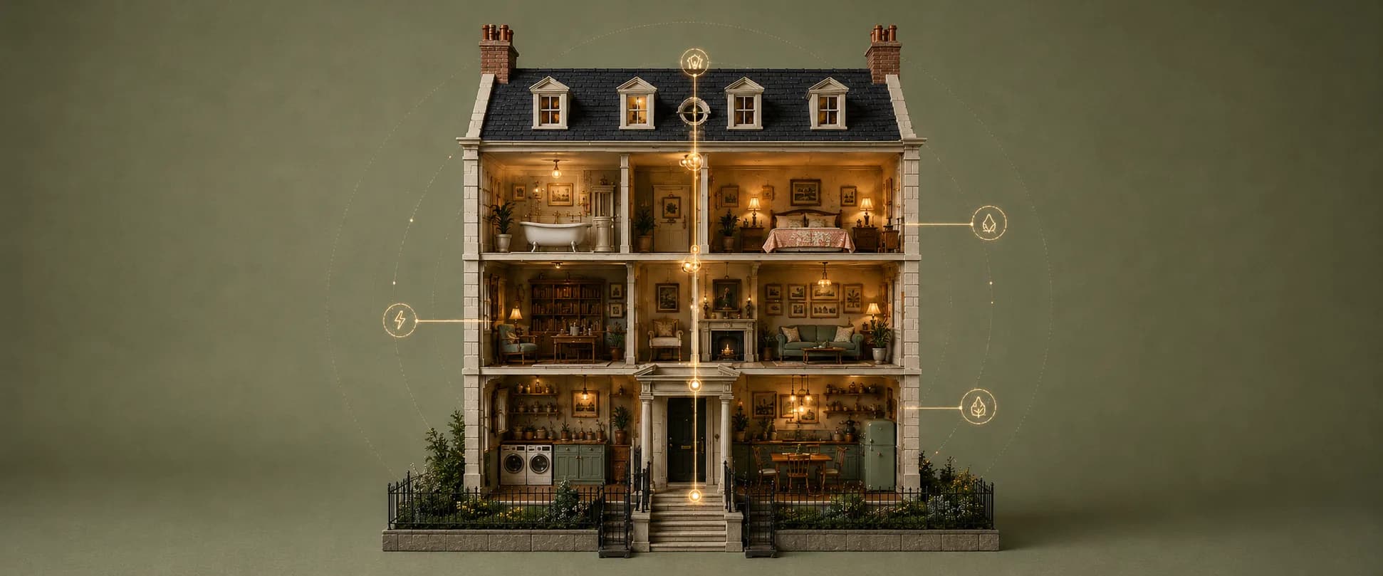 A cutaway Georgian dollhouse, each room furnished and lit, centred on a sage-green ground with a fine gold filament tracing through it.