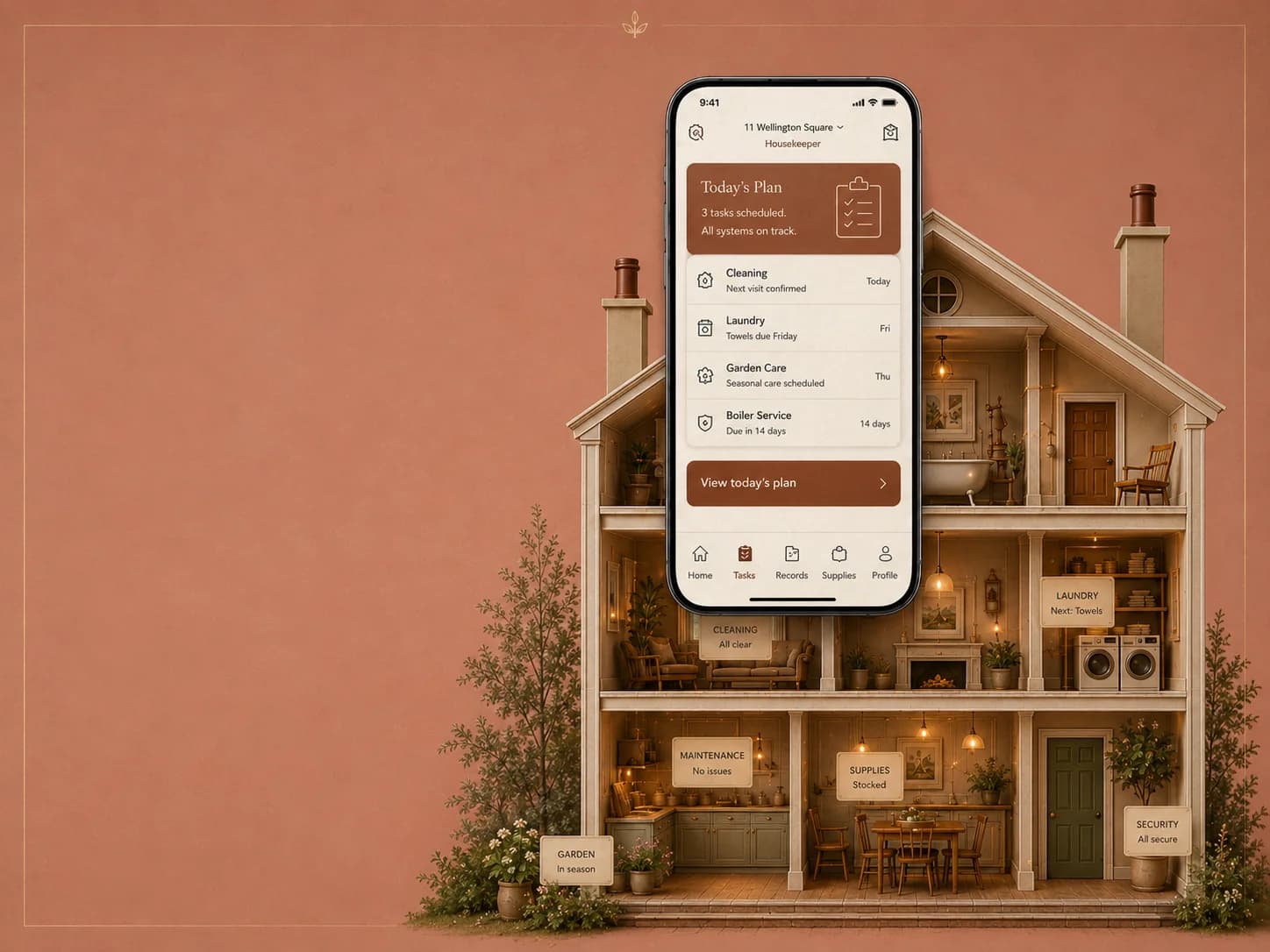 The HoWA Housekeeper dollhouse, a terracotta-toned cutaway Georgian home on a single-colour ground.