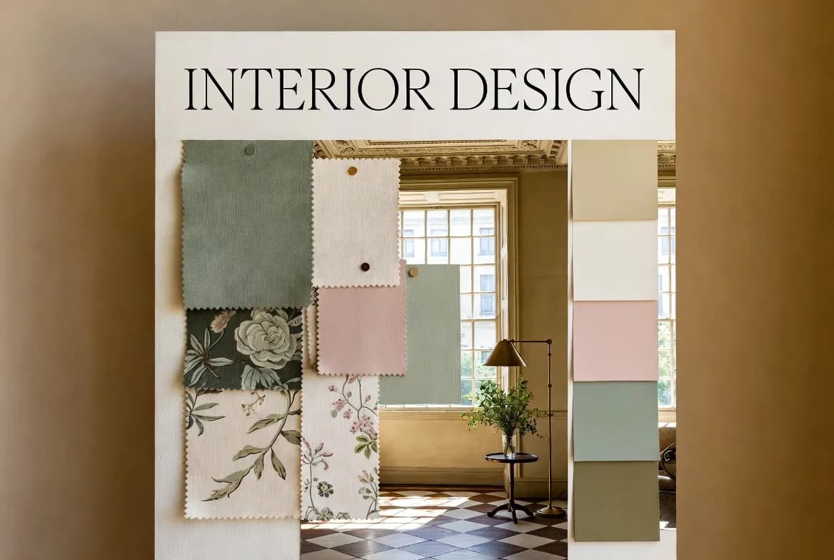 An interior design styling board of fabric swatches over an elegant Georgian room.