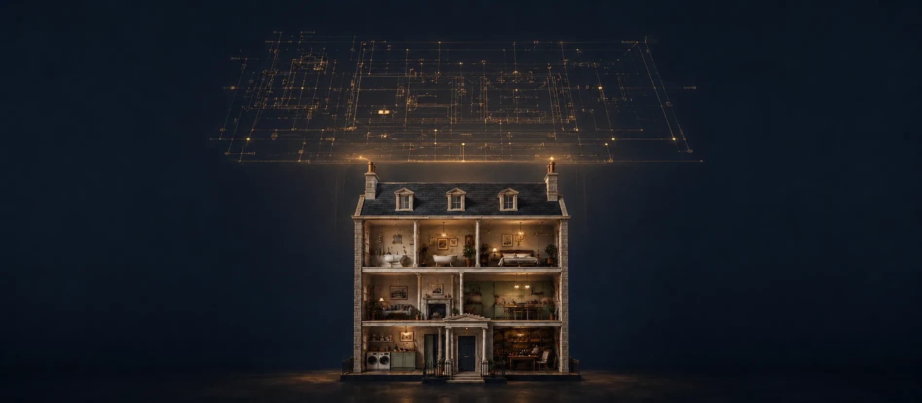 A cutaway Georgian dollhouse with HoWA's intelligence layer floating above it as a constellation of gold nodes, on a deep navy ground.