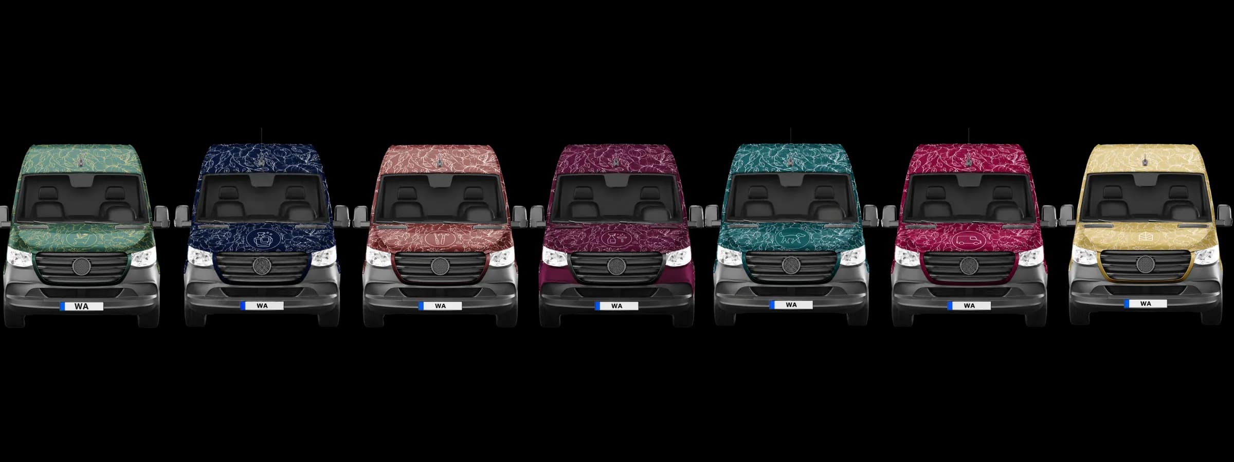 The Willow Alexander electric fleet, a row of liveried vans, each carrying its volume's colour