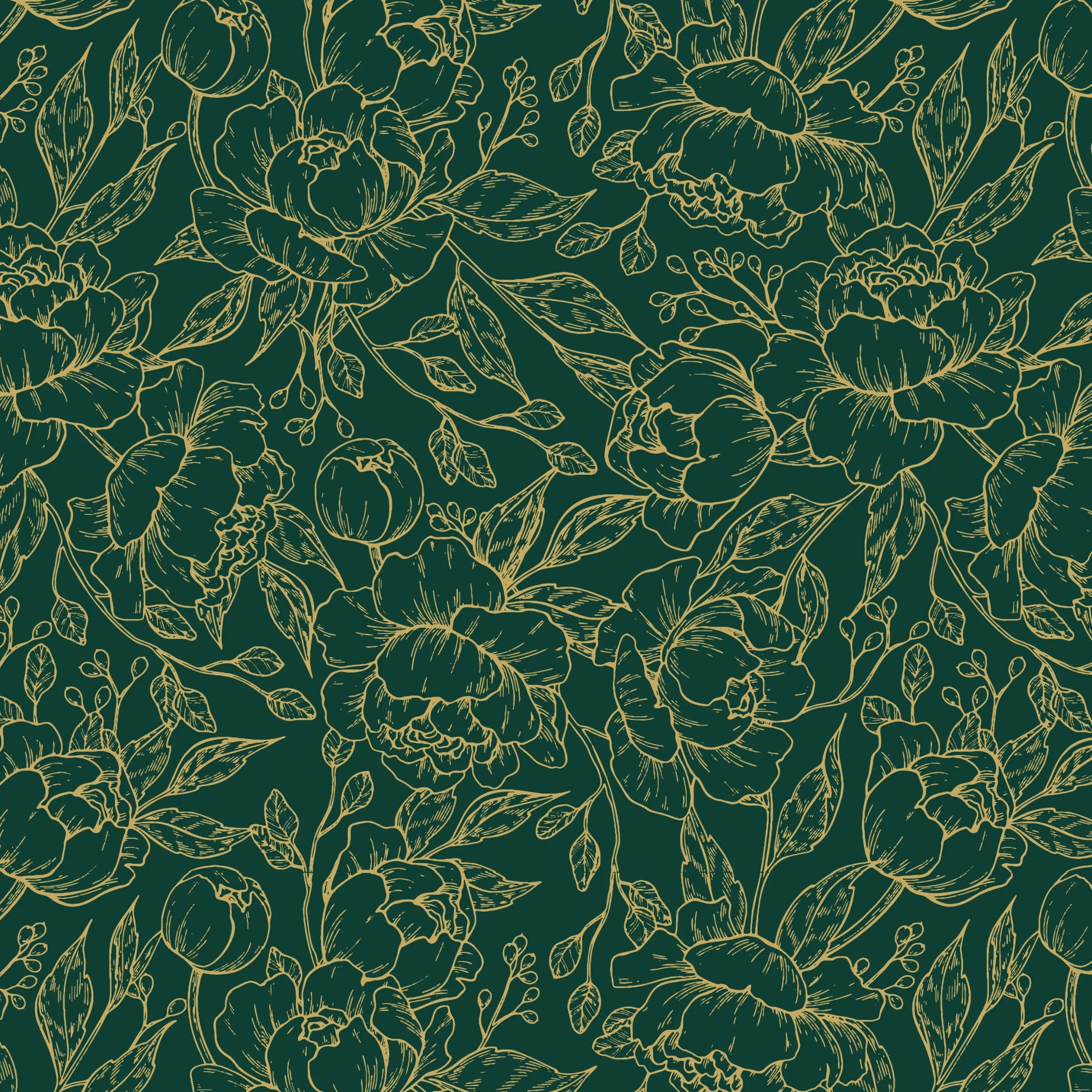 The first Willow Alexander pattern, gold floral linework on deep green
