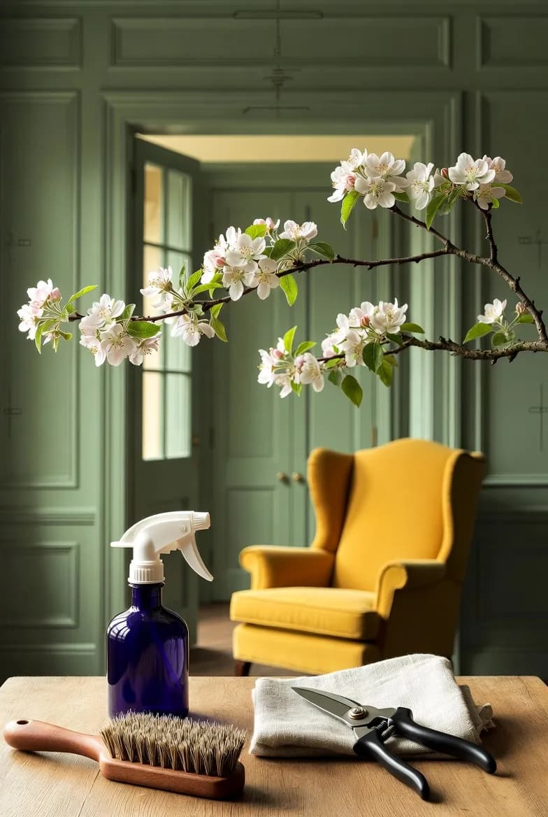Garden tools and apple blossom arranged carefully on a sage ground.