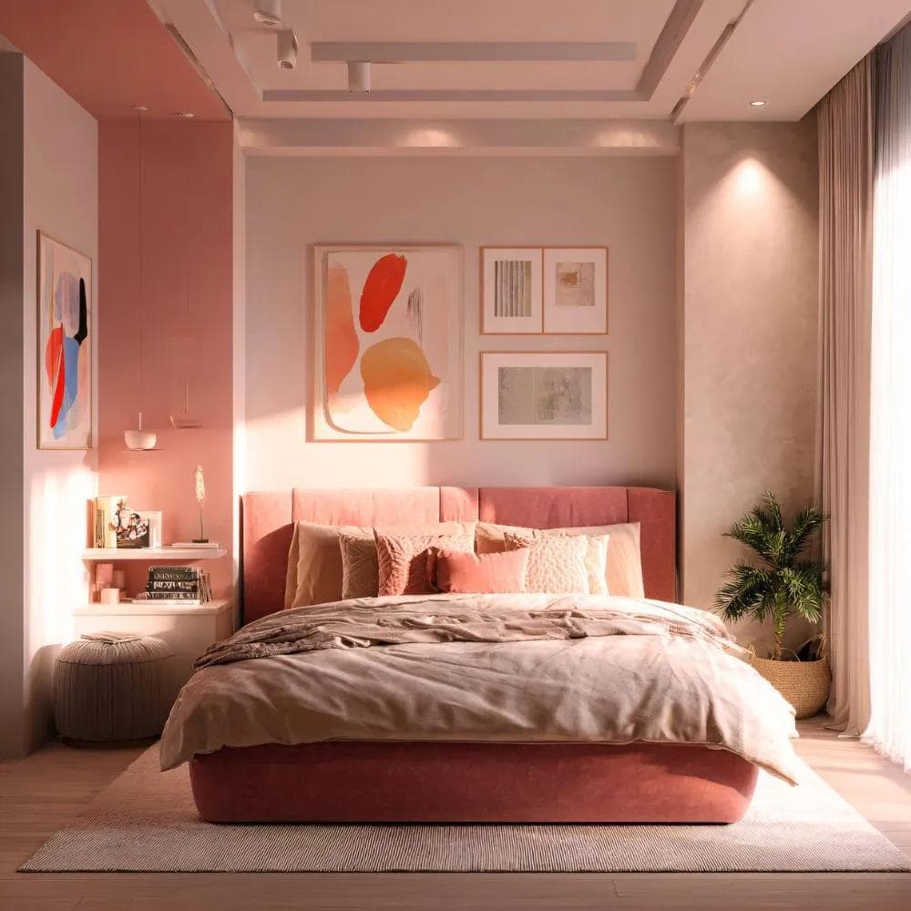 Colour drenching soft pink bedroom interior design