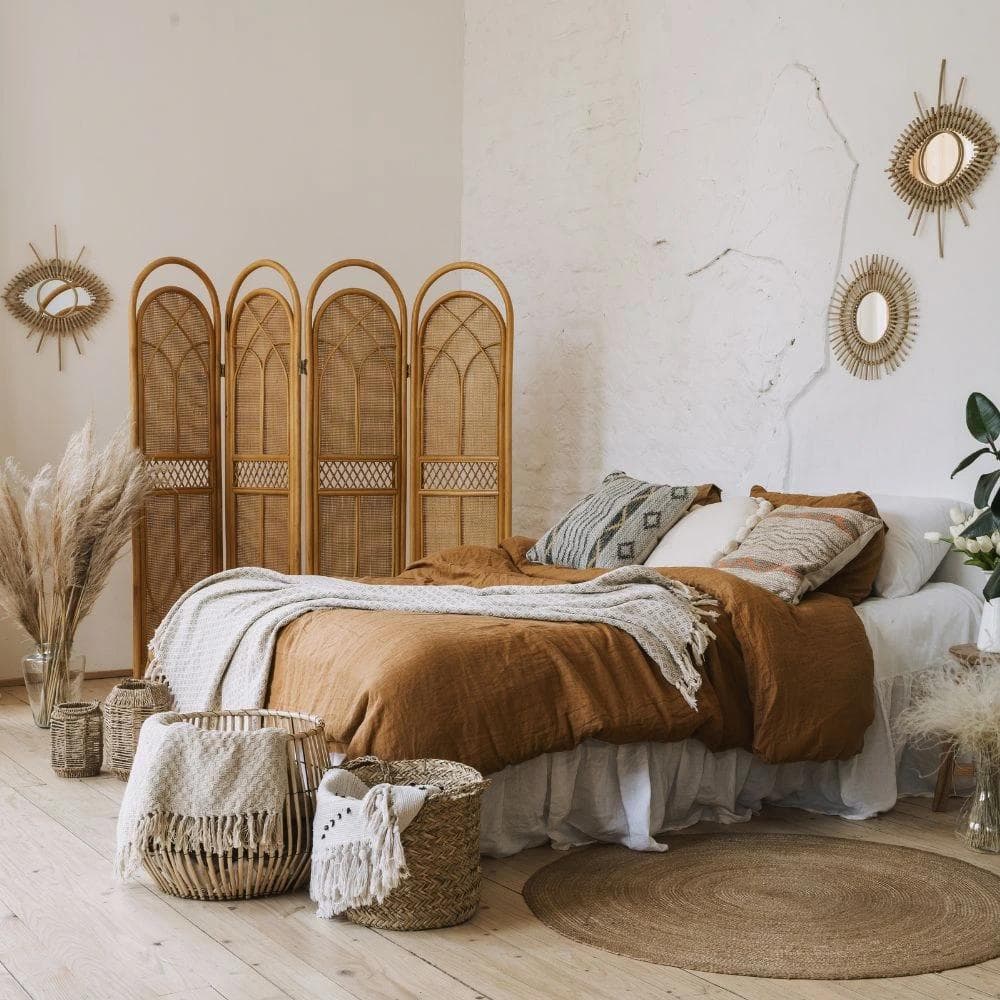 Neutral-tone bedroom with brown linen