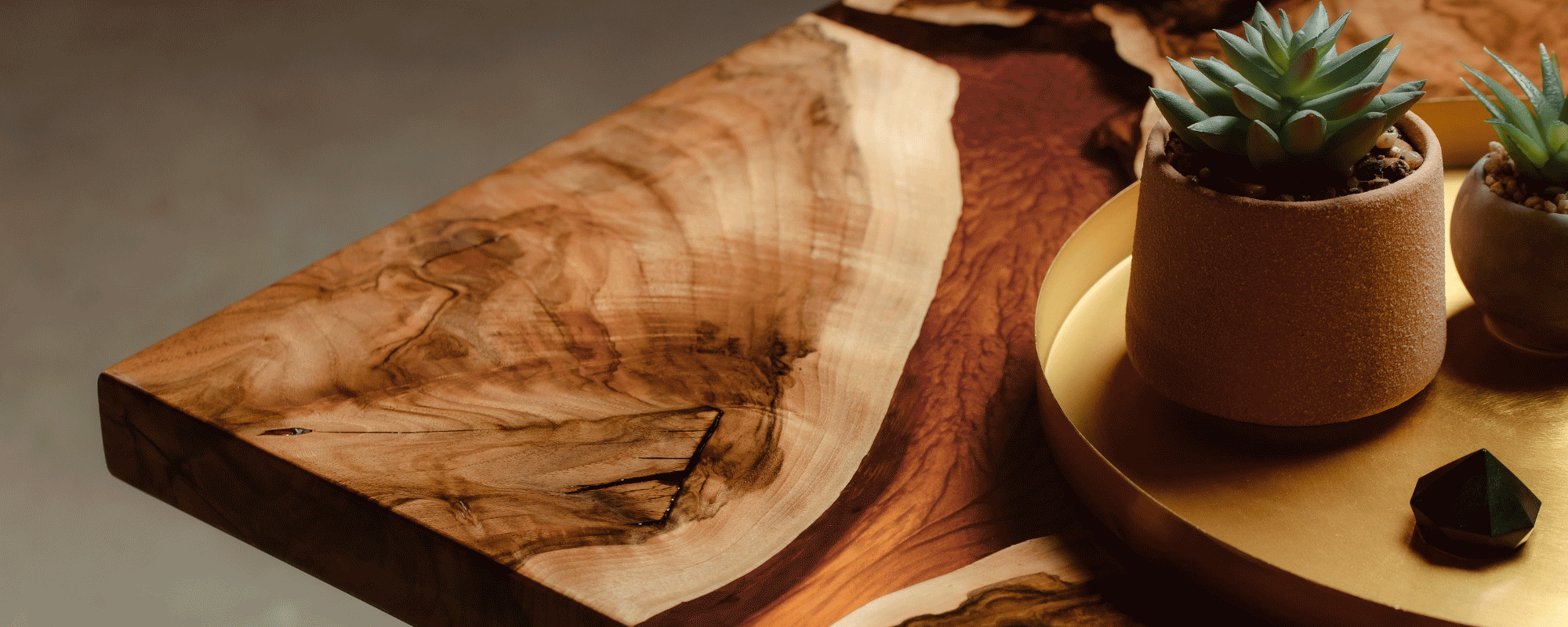 Restoration - wooden table with plant pot and wooden disc