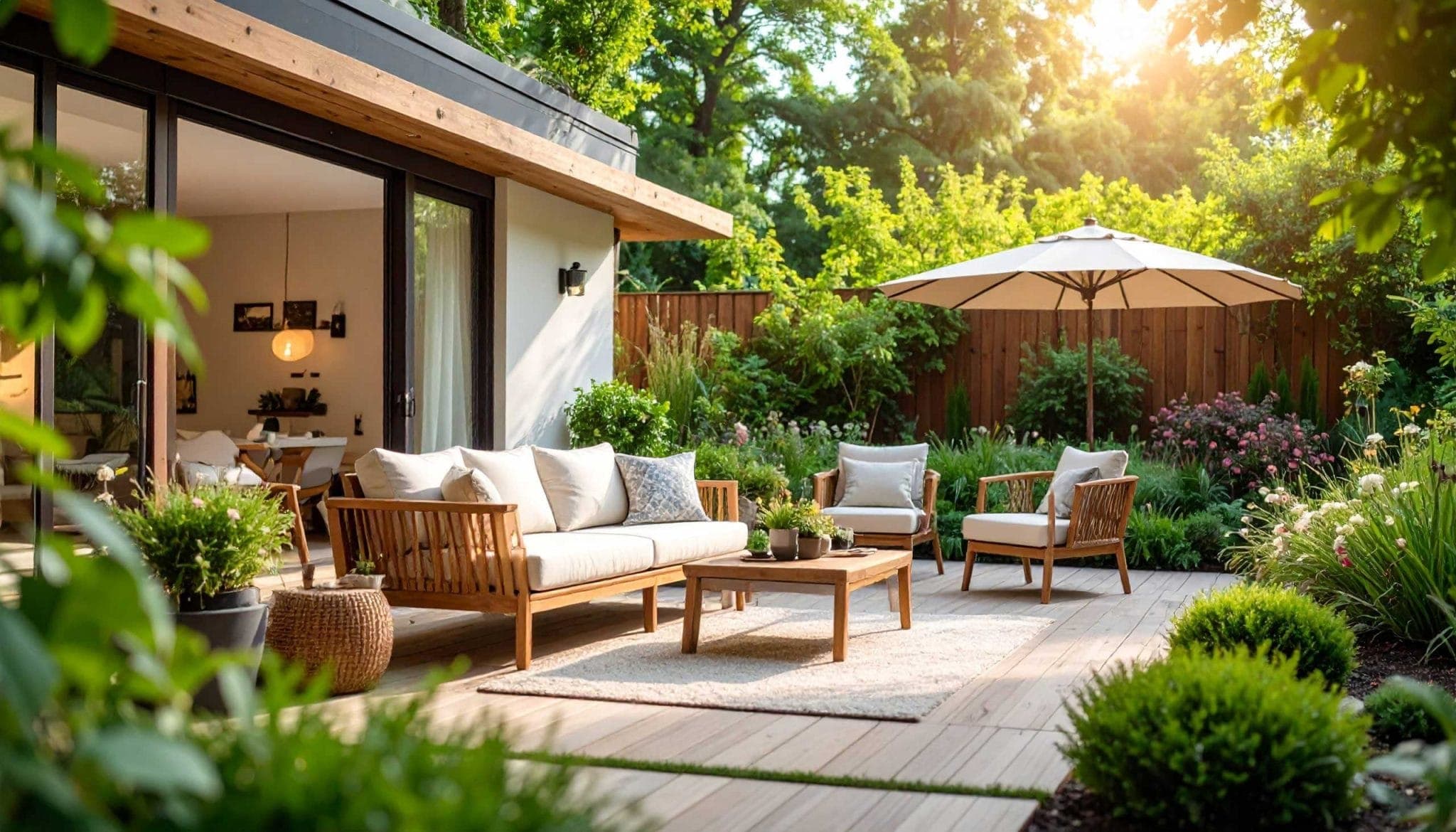 Outdoor furniture bright airy garden with wooden sofa and dining table