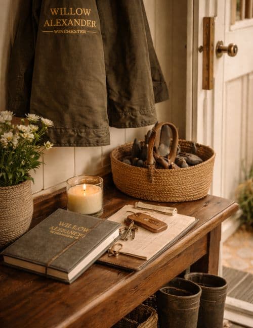 Door-side bench with keys, notebook, boots, coat and candle highlighting design restraint