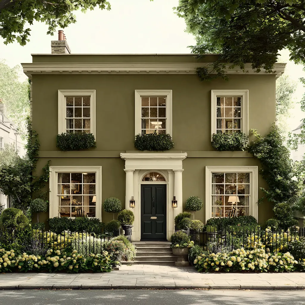 A refined sage-green Georgian London townhouse with a classical portico entrance, urn planters and a hedge-lined front garden