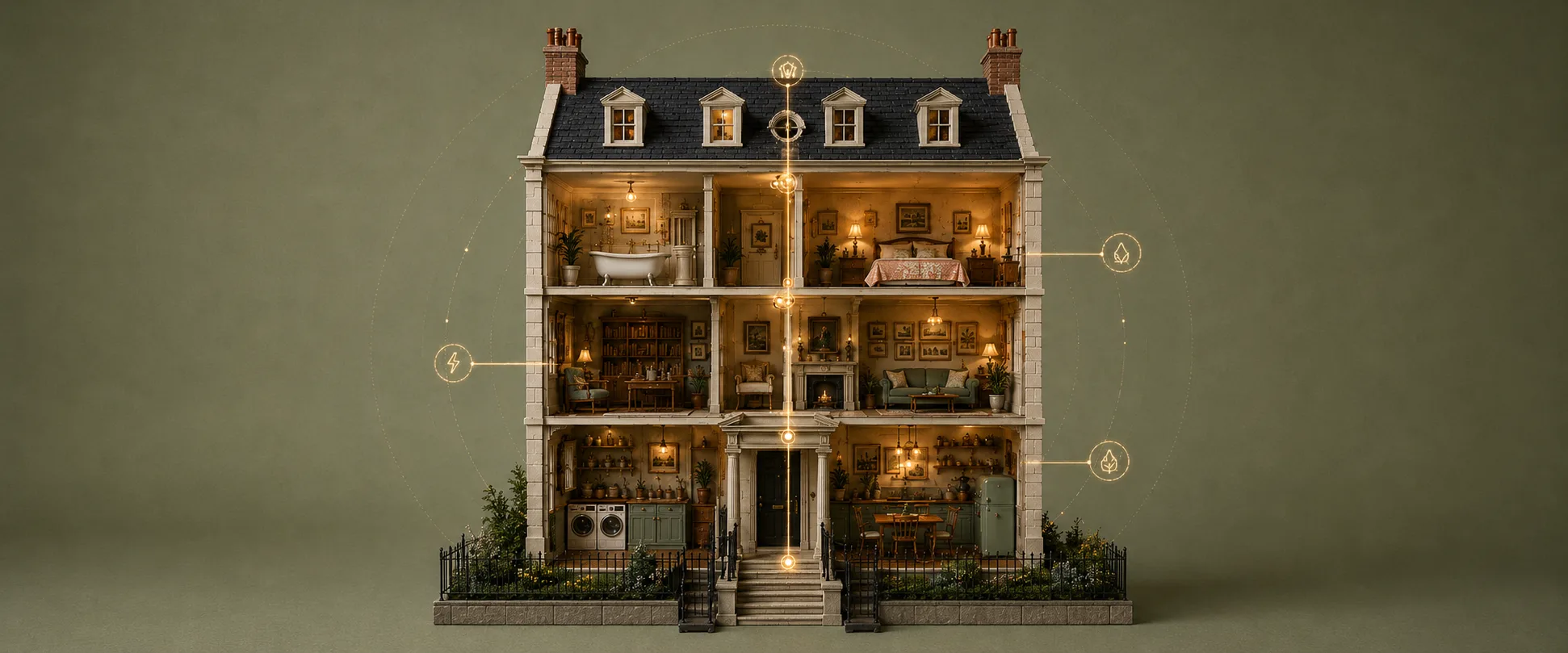 A cutaway Georgian dollhouse, each room furnished and lit, centred on a sage-green ground with a fine gold filament tracing through it.