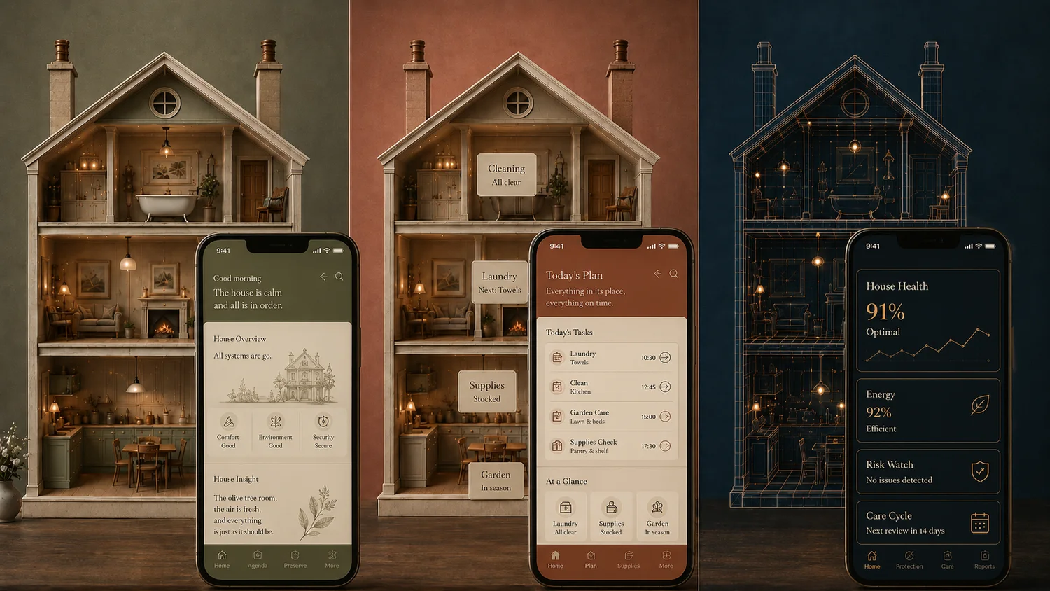 The HoWA app across phones in front of the illustrated House