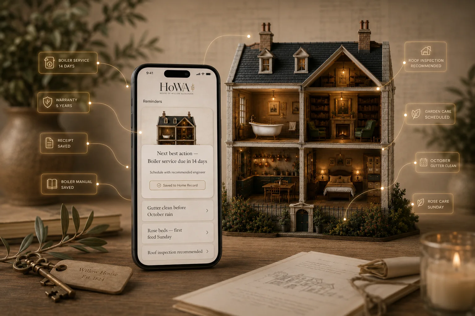 The HoWA home record on a phone beside the cutaway dollhouse, surfacing what matters next