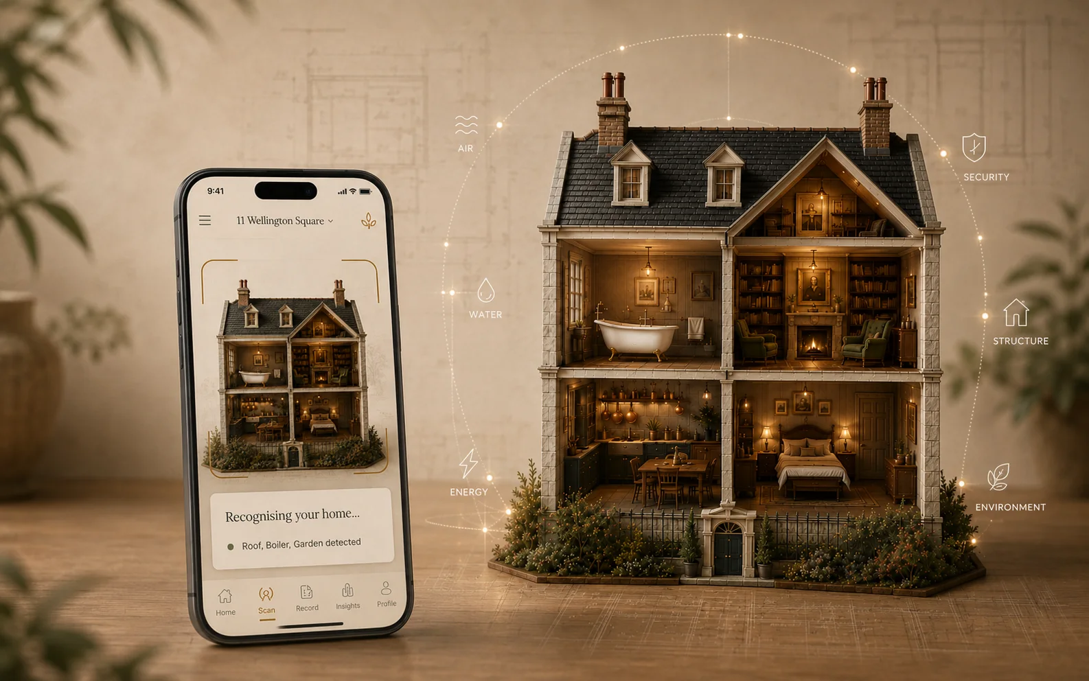 A phone scanning a room in the home, HoWA reading its fabric, services and contents to build the record