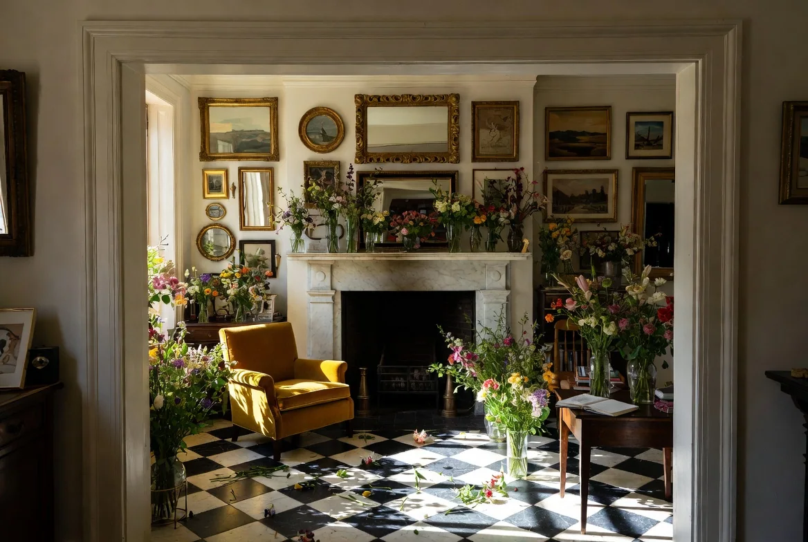 A warm parlour interior with a marble fireplace and flowers