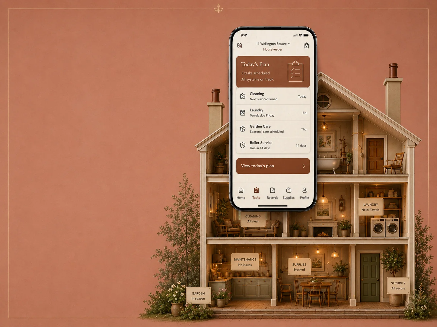 The HoWA Housekeeper dollhouse, a terracotta-toned cutaway Georgian home on a single-colour ground.