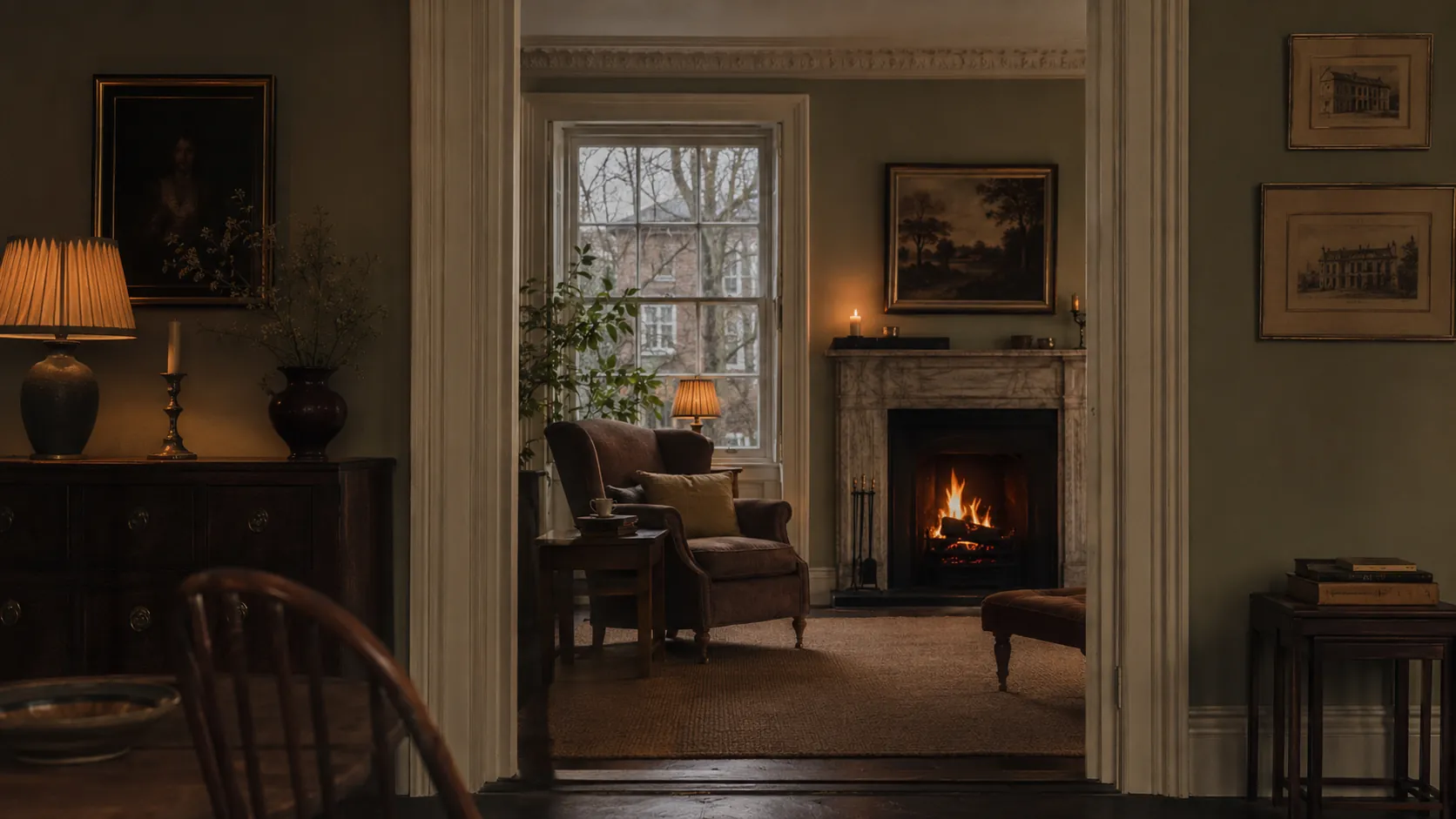 A warm dusk-lit London townhouse interior, what intelligent stewardship protects
