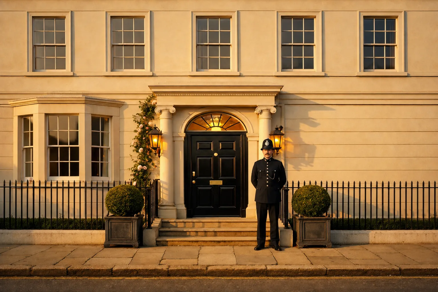 An Edwardian London townhouse with a policeman standing guard at the front door at golden hour