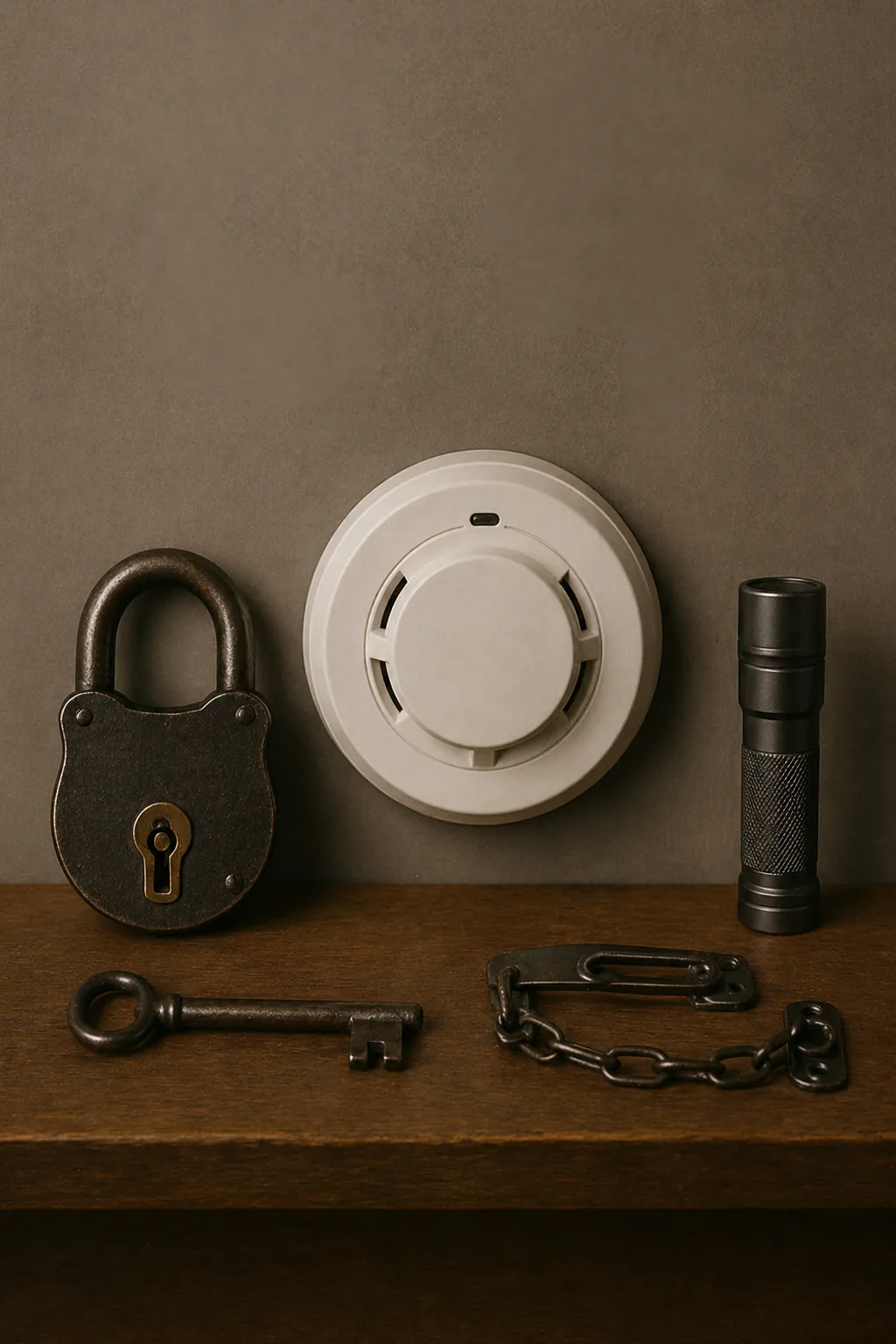 A still life of stewardship: brass padlock, smoke detector, key, and chain on a wooden cabinet