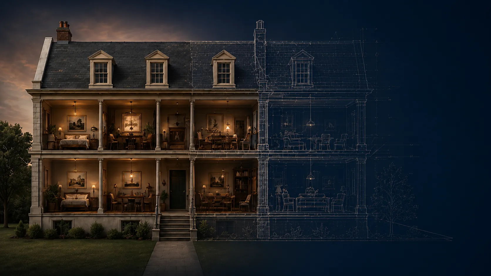 A well-kept home and garden, photo dissolving into blueprint