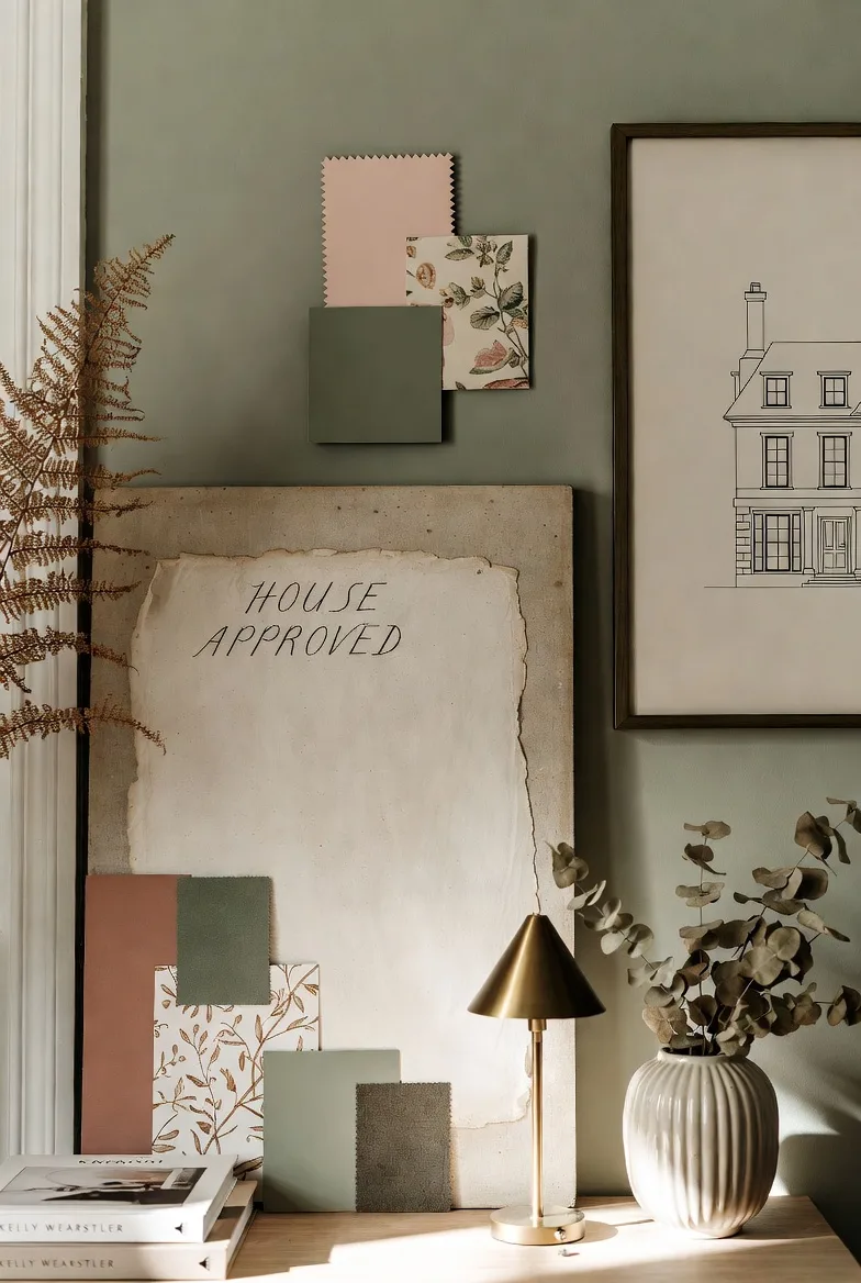 A sage-green styling board with a hand-lettered House Approved canvas, fabric swatches and a line drawing of a Georgian house.
