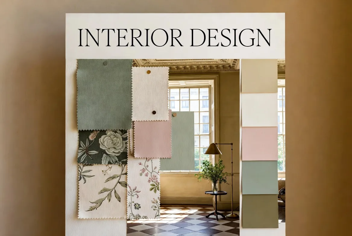 An interior design styling board of fabric swatches over an elegant Georgian room.