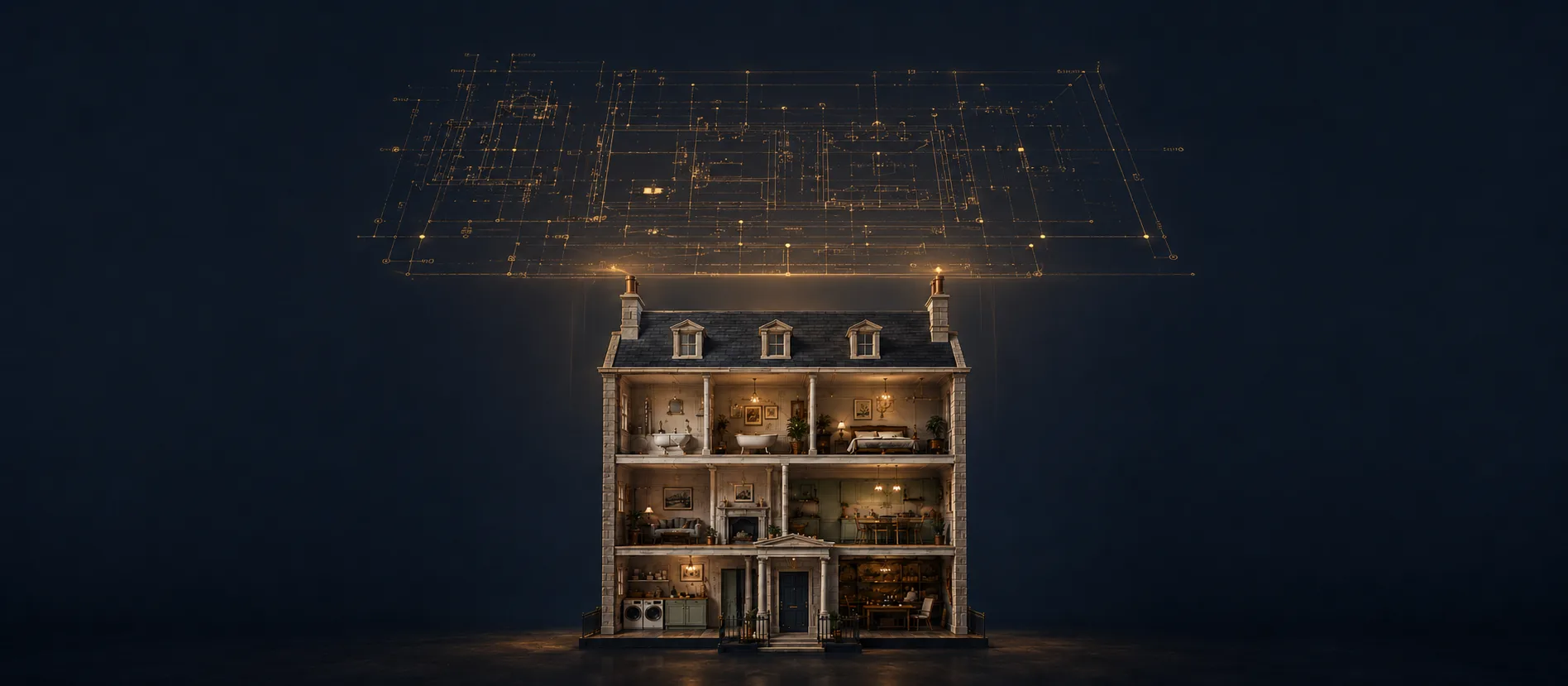 A cutaway Georgian dollhouse with HoWA's intelligence layer floating above it as a constellation of gold nodes, on a deep navy ground.