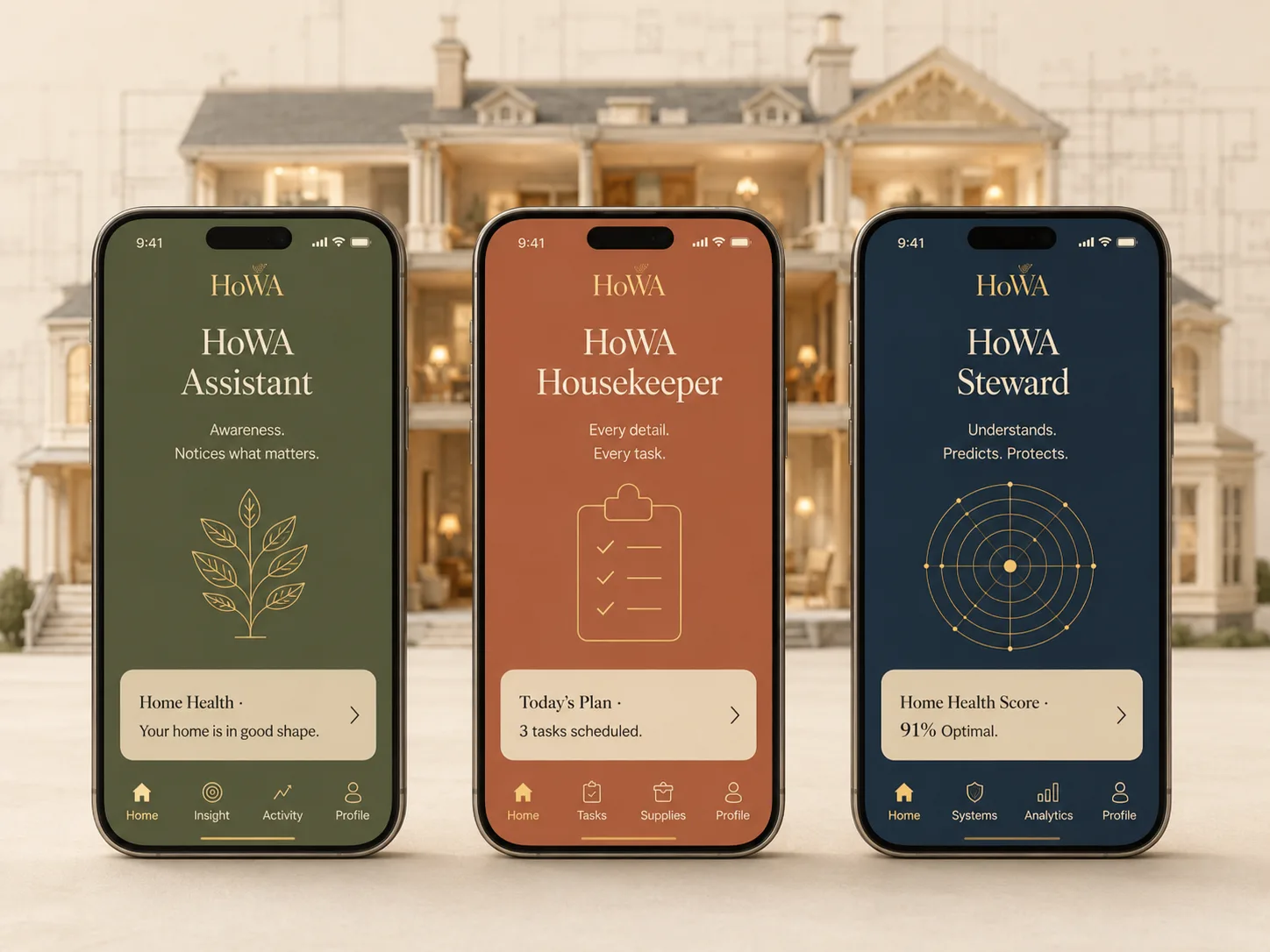 Three phones in the Assistant, Housekeeper and Steward colourways, showing one continuous home record across the tiers.