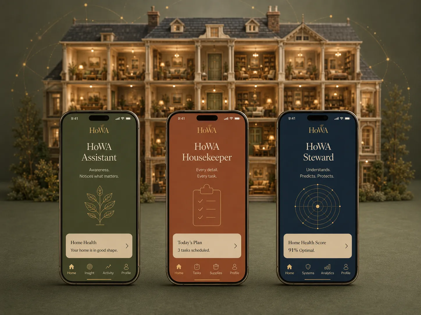 Three phones in the Assistant, Housekeeper and Steward colourways, with the cutaway dollhouse softly behind.