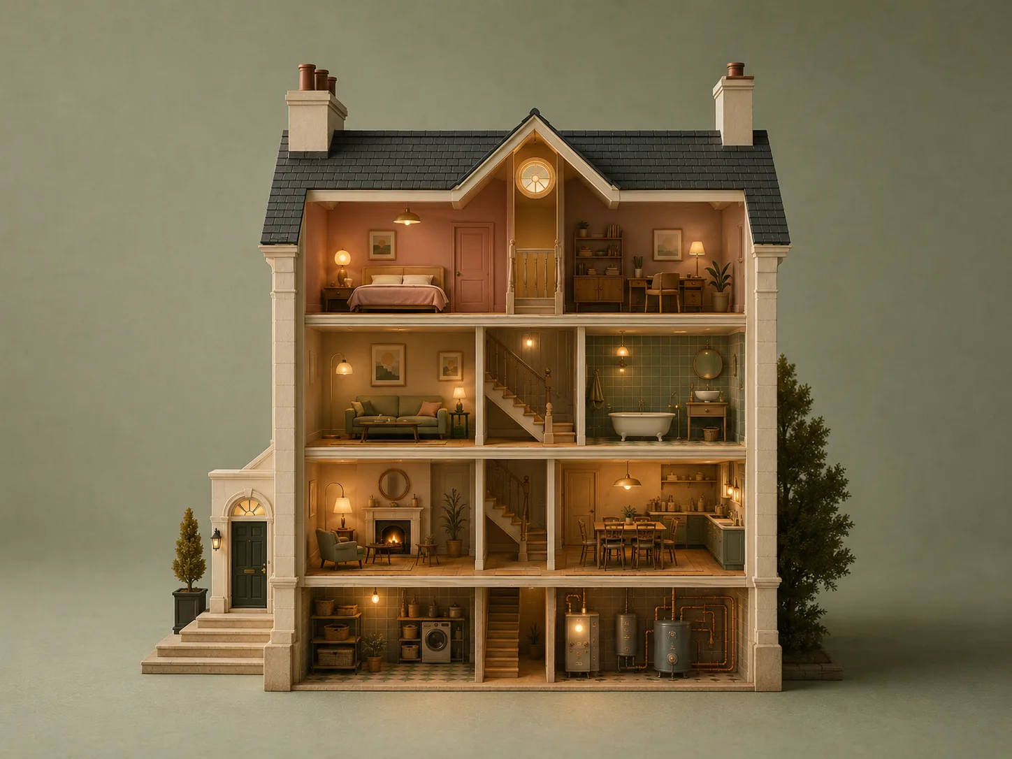 A Georgian dollhouse, warmly lit.