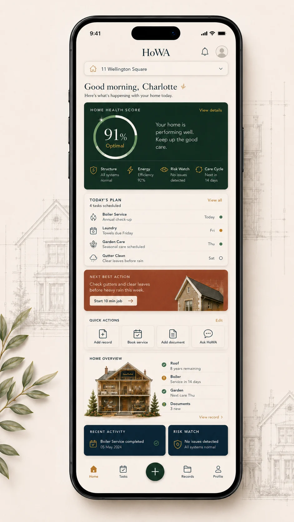 The HoWA app on a phone: a home's Home Health Score of 91%, today's plan, next best action and a home overview