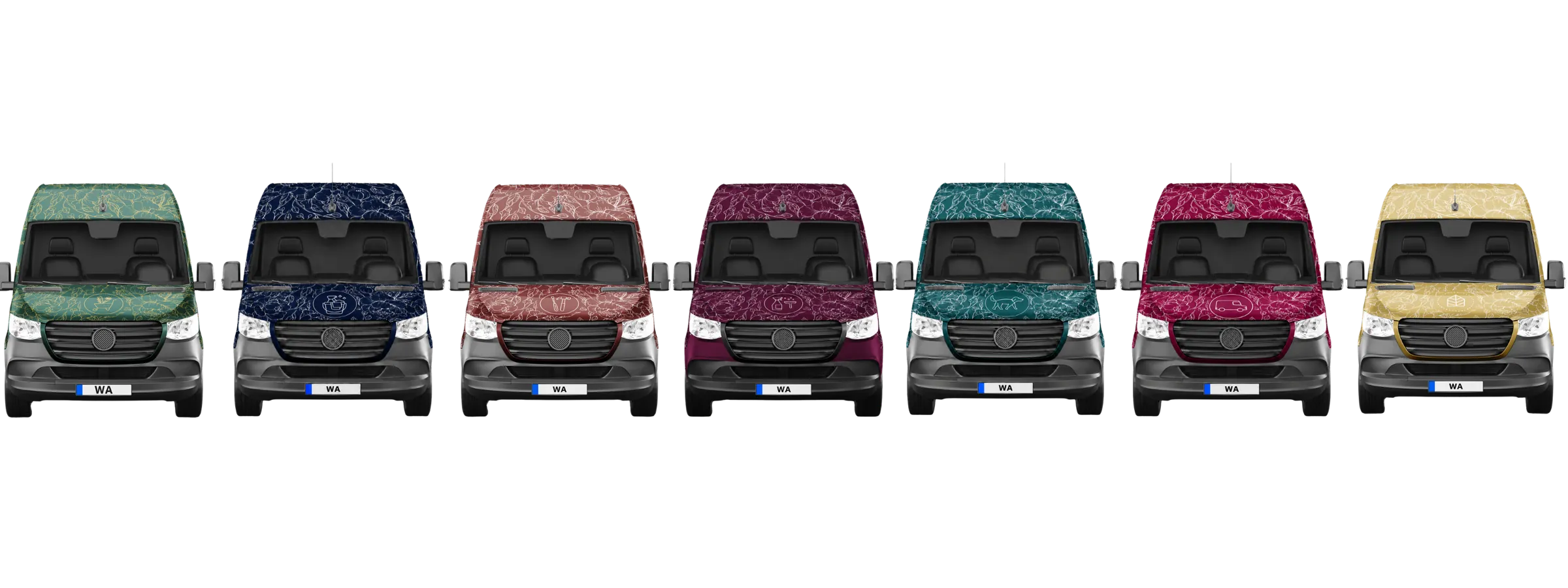 The Willow Alexander electric fleet, a row of liveried vans, each carrying its volume's colour