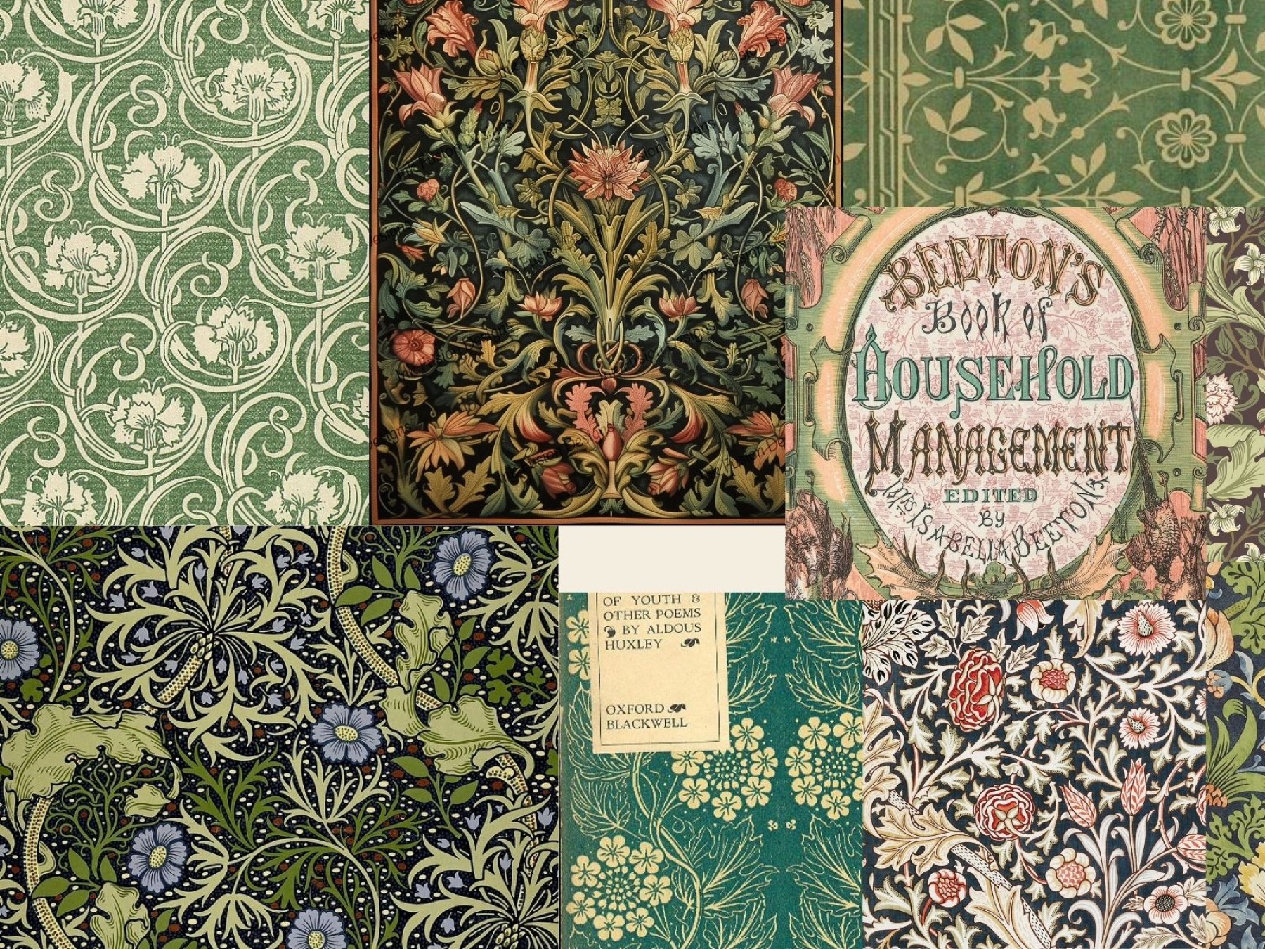 An open spread from Mrs Beeton's Book of Household Management, showing the engraved botanical frames