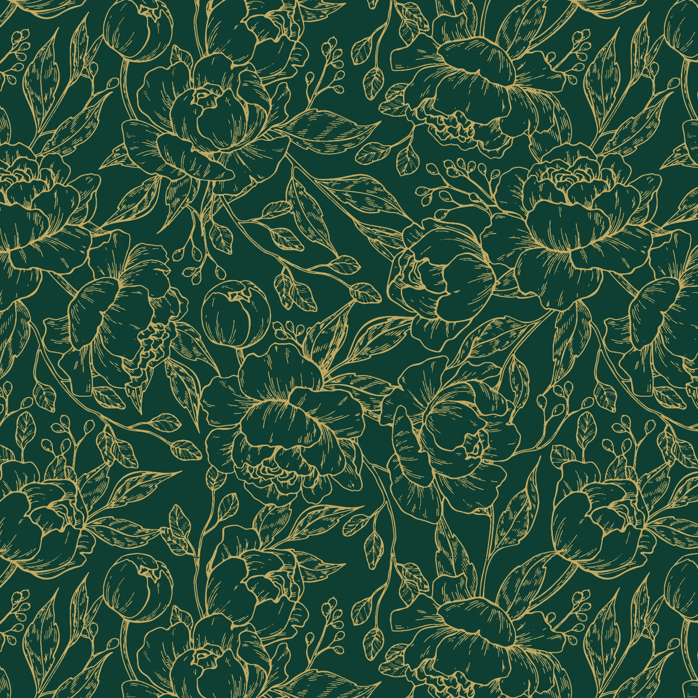 The first Willow Alexander pattern, gold floral linework on deep green