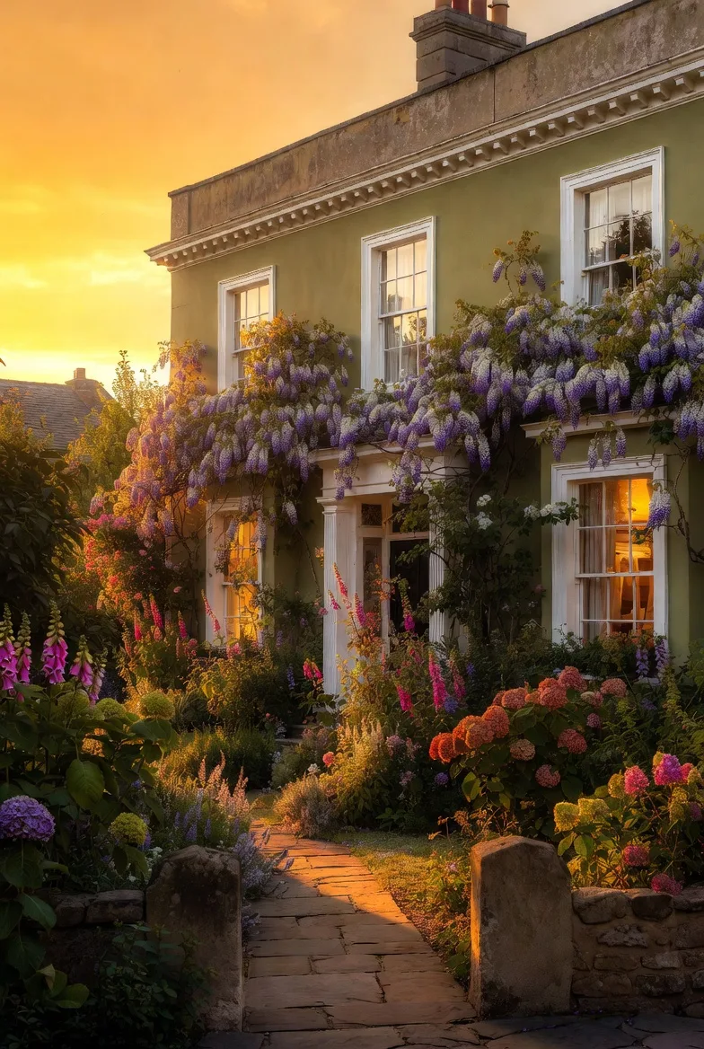 A sage Georgian cottage wreathed in wisteria, a cottage garden at sunset.