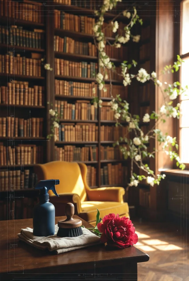 A green library with a yellow armchair, books and House Approved tools.