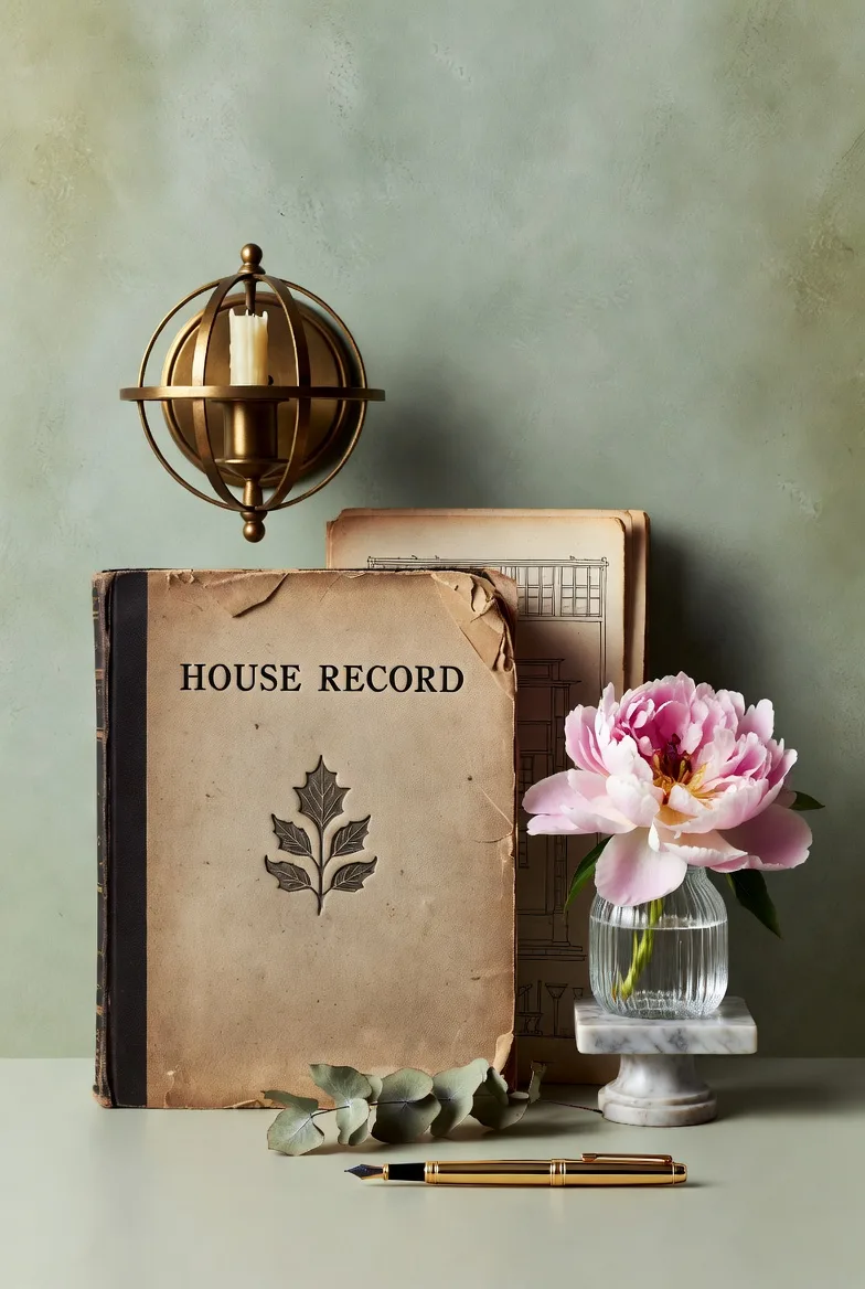 A writing-desk still life: the house record book, a globe, a brass sconce and a peony.