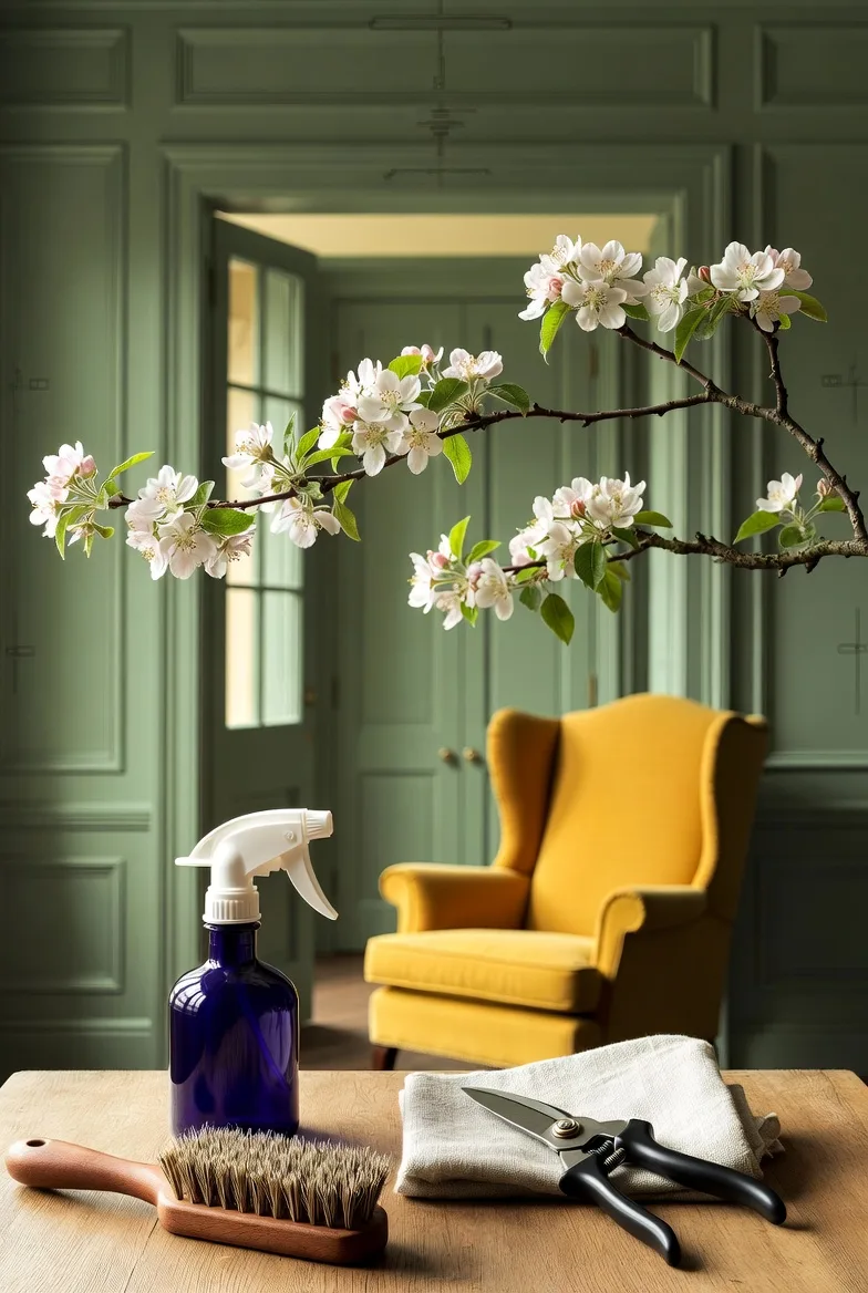 Garden tools and apple blossom arranged carefully on a sage ground.