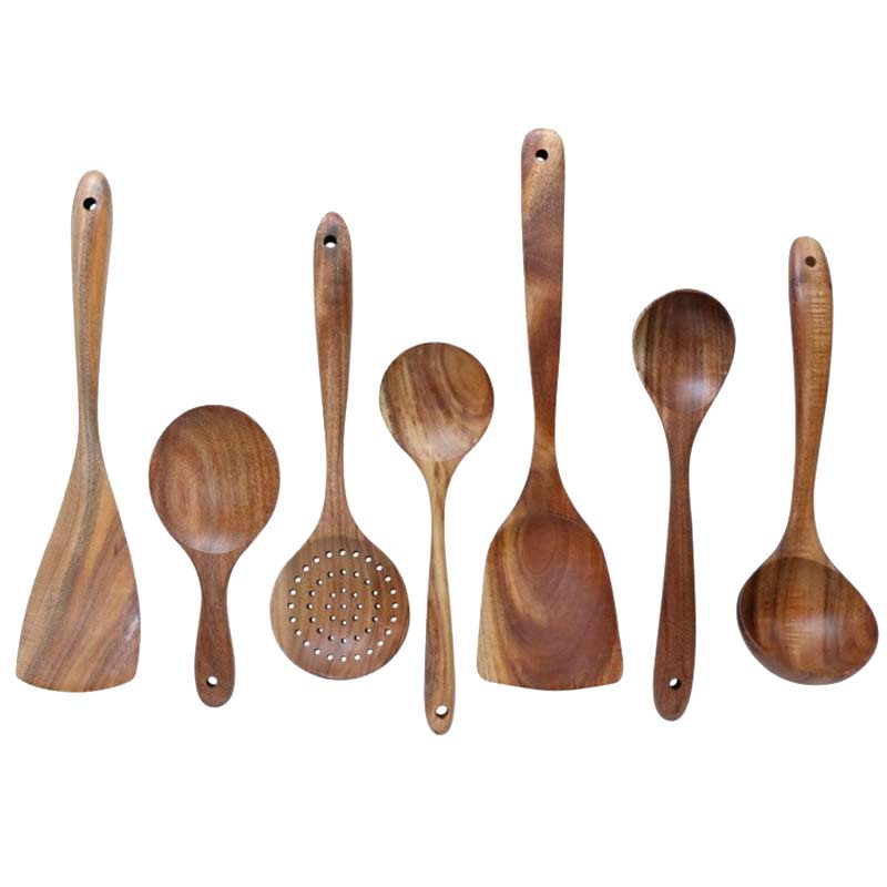 7 Piece Natural Teak Wooden Utensil Set