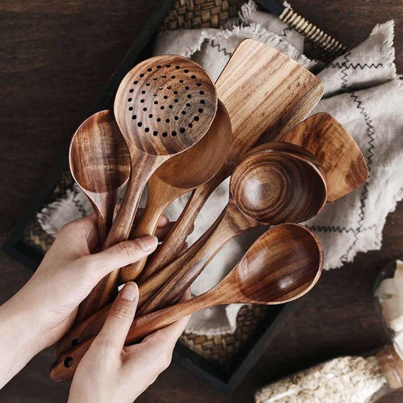 7 Piece Natural Teak Wooden Utensil Set