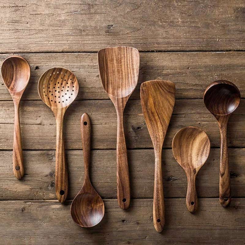 7 Piece Natural Teak Wooden Utensil Set