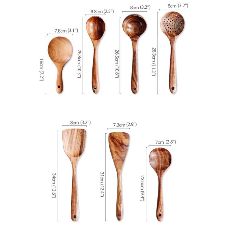 7 Piece Natural Teak Wooden Utensil Set