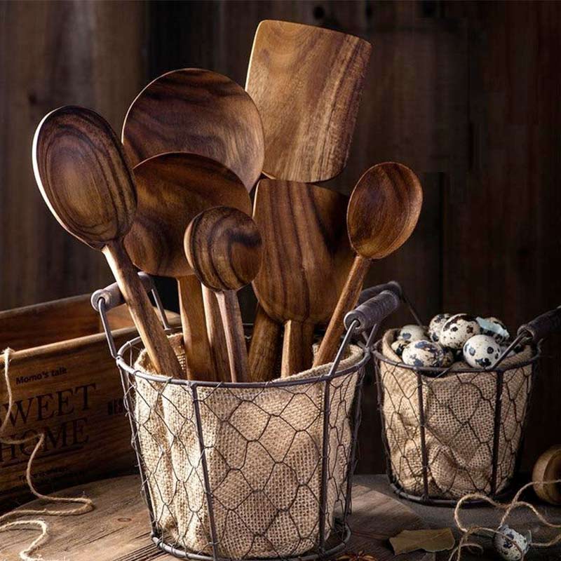 7 Piece Natural Teak Wooden Utensil Set