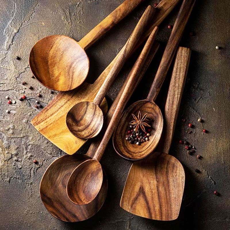 7 Piece Natural Teak Wooden Utensil Set