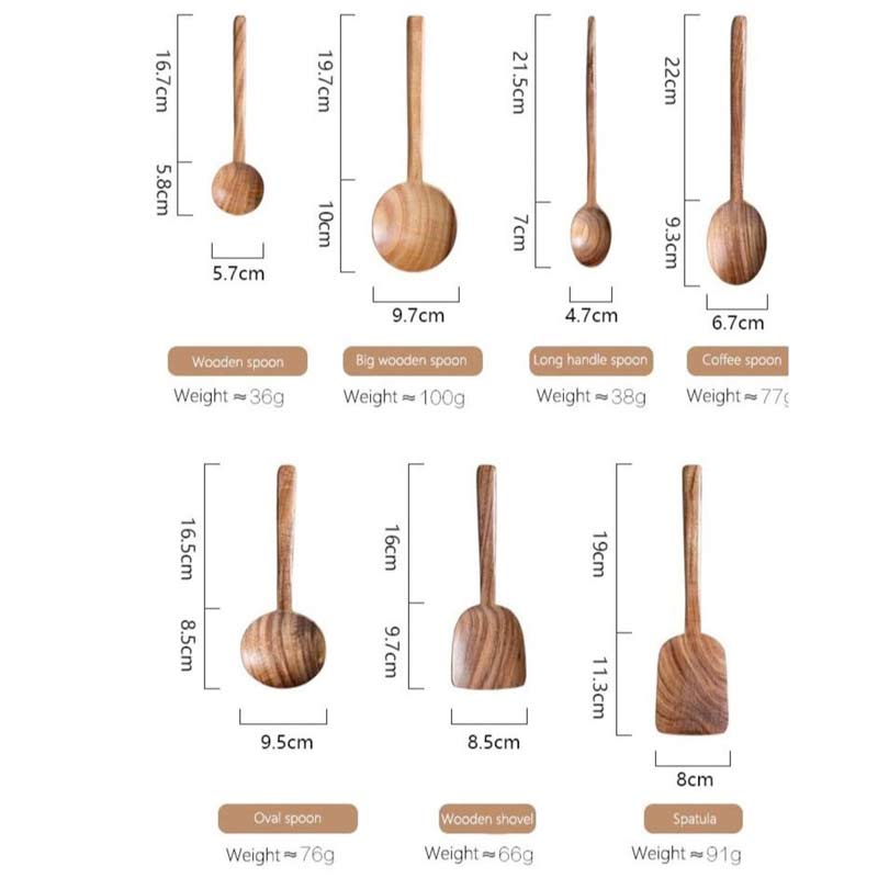 7 Piece Natural Teak Wooden Utensil Set